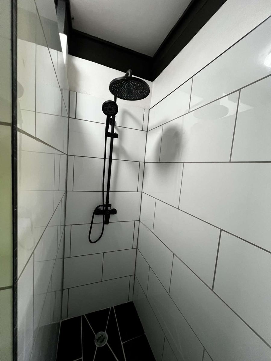 Shower — after, with matte-black rain shower set