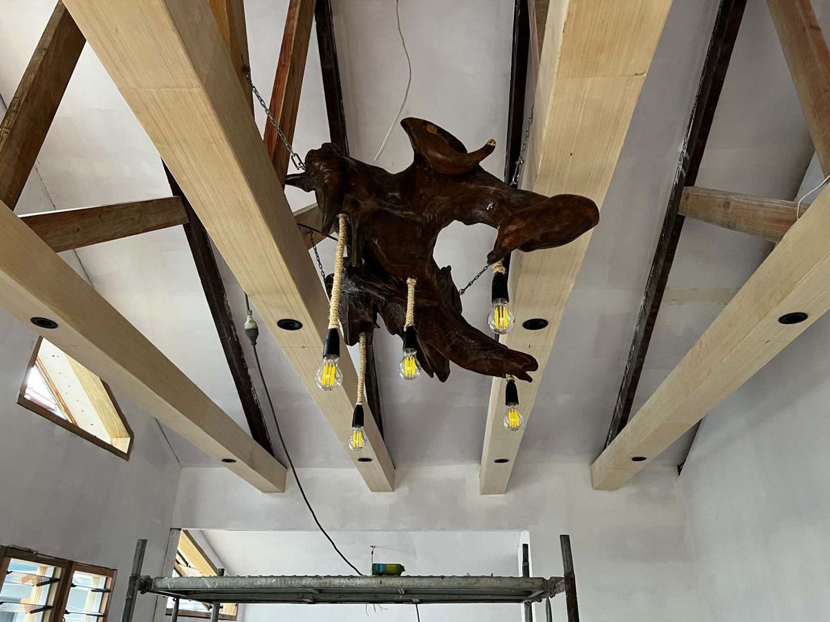 Dressed exposed beams with downlights and feature light